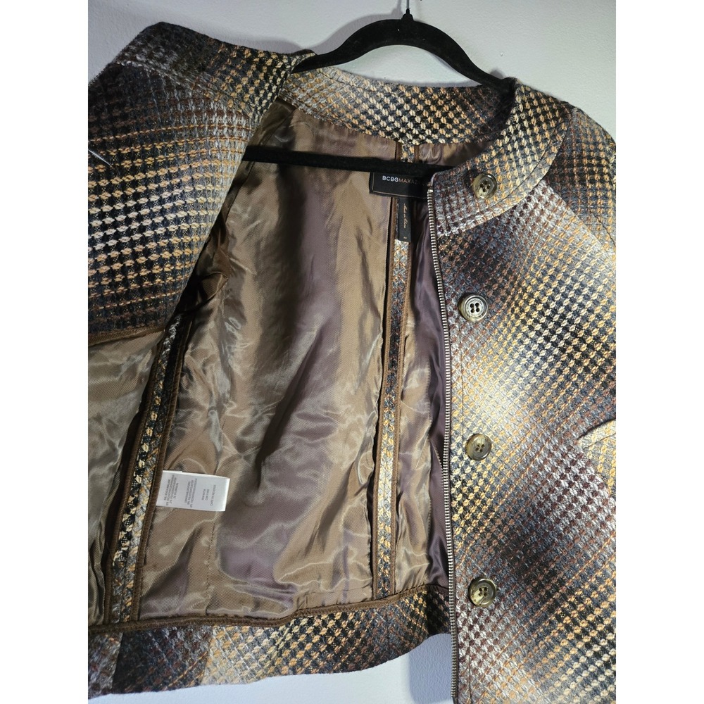 BCBGMAXAZRIA Cropped Wool Blend Plaid Jacket Brown Houndstooth Zip Button XS - Picture 4 of 8